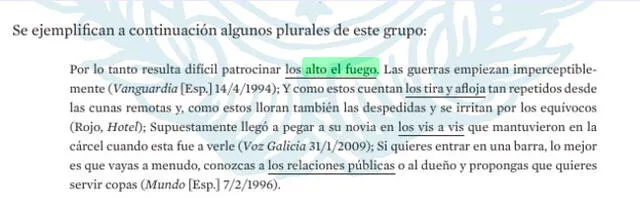 La Nueva gramática de la lengua española (2009) señala la forma plural correcta de 'alto el fuego'. Foto. captura RAE