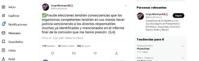 Captura de pantalla Twitter Jorge Montoya, 5 de junio 2022. Foto: captura de Twitter / @Alm_Montoya