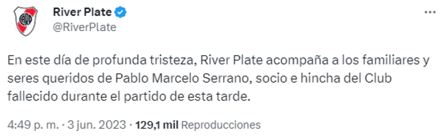 La identidad del hincha se dio a conocer por la cuenta oficial del River Plate, el cual lamentó este tragedia. Foto: captura.