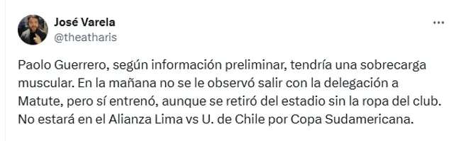 Paolo Guerrero no estará para el Alianza vs U. de Chile. Foto: captura de X   