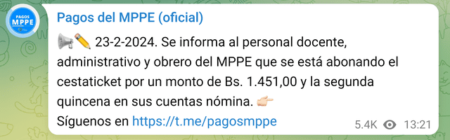  Anuncio de la segunda quincena para el personal docente del MPPE. Foto: Pagos MPPE/Telegram.   