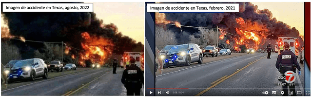 Comparación entre el supuesto accidente ocurrido en agosto de 2022 (izquierda) y el reportado en Texas en 2021 (derecha). Foto: composición LR/Facebook/Youtube