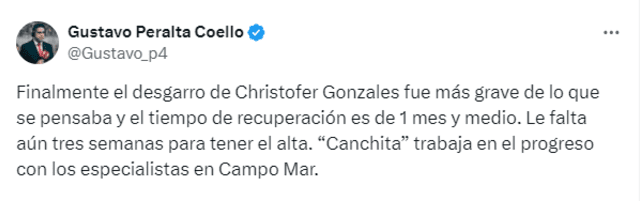Publicación sobre Christofer Gonzáles sobre su tiempo de recuperación. Foto: captura X   