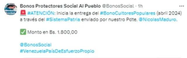 Anuncio del Bono Cultores Populares en abril 2024. Foto: Bonos Protectores Social Al Pueblo   