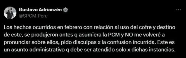  Pronunciamiento de Gustavo Adrianzén vía X. Foto: Captura.   