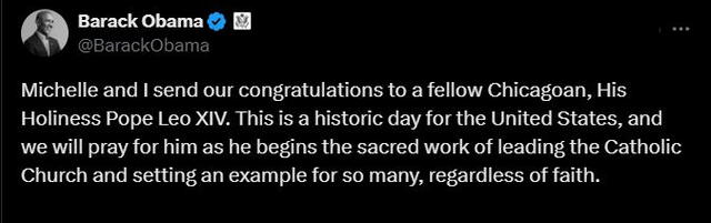 Barack Obama celebrates the first American pope. Photo: Obama's X account Barack Obama celebrates the first American pope. Photo: Obama's X account