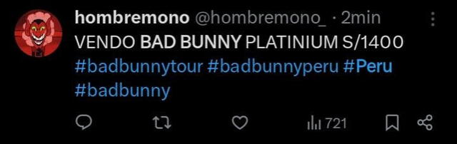 Usuarios en red social 'X' revenden entradas de Bad Bunny en Lima. Foto: Captura de pantalla Usuarios en red social 'X' revenden entradas de Bad Bunny en Lima. Foto: Captura de pantalla