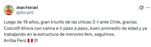 Jean Ferrari felicitó a la selección peruana femenina. Foto:X   