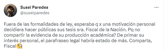 Susel Paredes cuestiona respuesta obtenida tras su petición de copias de tesis de Patricia Benavides. Foto: captura de Twitter/Susel Paredes   