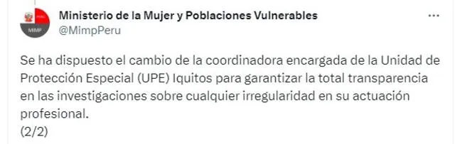  El MIMP decidió pronunciarse sobre el retiro de Lisbeth Mori del cargo. Foto: captura de X/@MimpPerú   