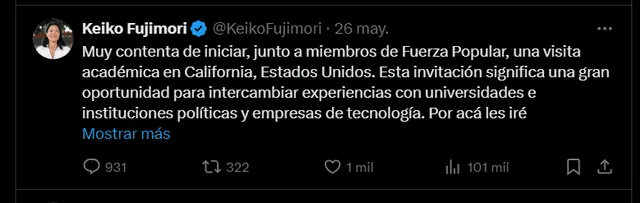 Keiko Fujimori confirmó su viaje a través de sus redes sociales. Foto: X   