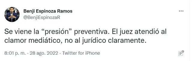 El abogado Benji Espinoza se pronunció a través de su cuenta de Twitter.