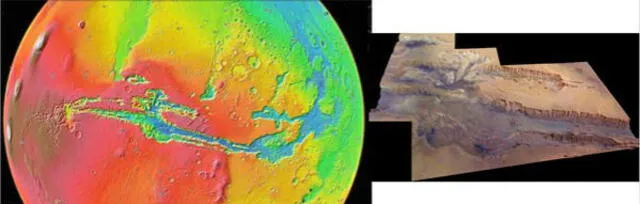Imagen de Marineris, con una vista topográfica codificada por colores como si estuviera a 5.000 km por encima de la superficie y con imágenes de la cámara estéreo de la Mars Express de la ESA (derecha). Foto: Google Earth y NASA