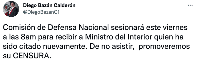 Pronunciamiento de Diego Bazán. Foto: captura de Twitter