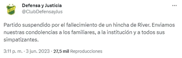 Defensa y Justicia hizo llegar sus condolencias a través de su cuenta oficial de Twitter. Foto: captura.