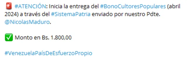 Bono Cultores Populares de 1.800 bolívares: regístrate y cobra el NUEVO PAGO por Patria | nuevo bono cultores populares | bono anunciado por Maduro hoy | bono pensionados | patria noticias | sistema patria