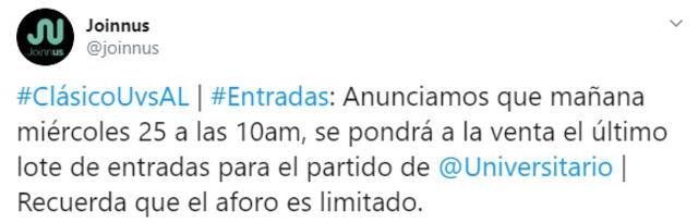 Tuit de Joinnus sobre la venta de entradas del clásico entre Universitario vs. Alianza Lima