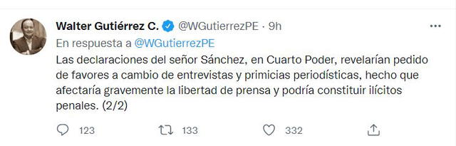 Tweet del defensor del Pueblo, Walter Gutiérrez