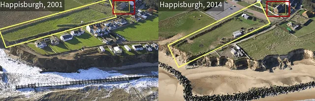 Happisburgh en 2001 y 2014. La región enmarcada de amarillo del lado derecho muestra la perdida de terreno en comparación al de la izquierda. Foto: Mike Page