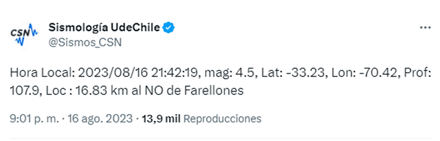 Sismo en Chile hoy miércoles 16 de agosto, según CSN   