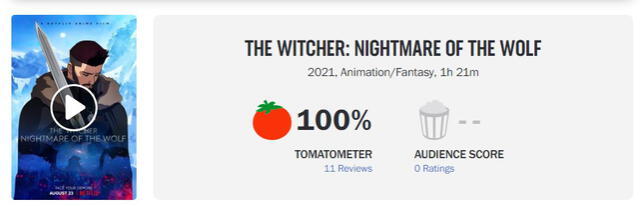The witcher: pesadilla del lobo ostenta, por ahora, una aprobación del 100% en Rotten Tomatoes. Foto: Rotten Tomatoes