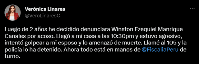  Verónica Linares hace pública su denuncia de acoso. Foto: captura/Twitter/Verónica Linares   