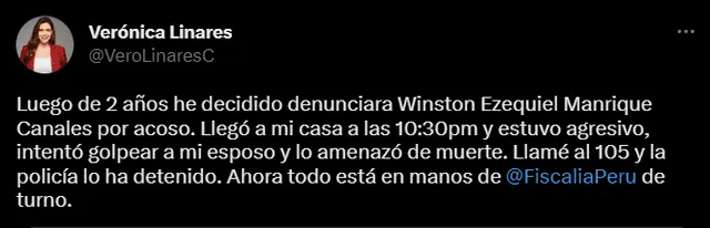 Verónica Linares hace pública su denuncia de acoso. Foto: Twitter/Verónica Linares   