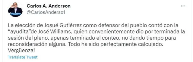 El congresista Carlos Anderson se pronunció a través de su cuenta de Twitter.   