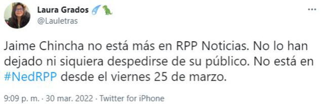 Usuarios de Twitter especulan sobre la salida de Jaime Chincha de RPP.