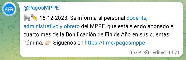 El cuarto mes de aguinaldo llegó para los trabajadores del sector público (activos y jubilados). Foto: Pagos MPPE/Telegram