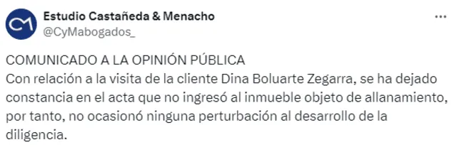 Publicación del Estudio Castañeda &amp; Menacho se produce luego de las revelaciones periodísticas las cuales señalan que Dina Boluarte fue presencialmente a la oficina de su abogado detenido Mateo Castañeda. Foto: Estudio Castañeda &amp; Menacho.   