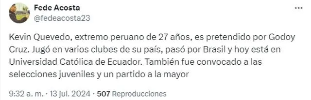 Kevin Quevedo podría convertirse en el tercer peruano en el fútbol argentino. Foto: captura de Fede Acosta/X   