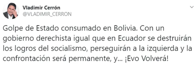Tuit de Vladimir Cerrón por renuncia de Evo Morales.