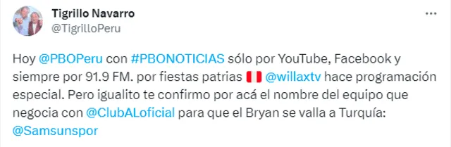  'Tigrillo' Navarro sobre Bryan Reyna. Foto: Twitter.   