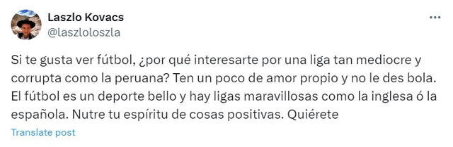 Laszlo Kovacs también mencionó que bloqueó a los usuarios que compararon el fútbol con la actuación. Foto: X/Laszlo Kovacs   