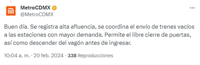  La cuenta de X del Metro de CDMX aseguró que se trabajó para agilizar el servicio. Foto: <a href="https://twitter.com/MetroCDMX">@MetroCDMX</a>    