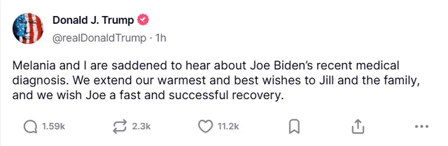 President Donald Trump expresses sympathy and sends well wishes to Joe Biden and his family following Biden’s prostate cancer diagnosis. Photo: Donald Trump Truth Social account President Donald Trump expresses sympathy and sends well wishes to Joe Biden and his family following Biden’s prostate cancer diagnosis. Photo: Donald Trump Truth Social account