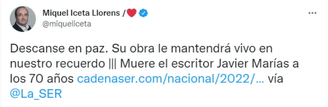 Miquel Iceta también se pronunció tras el fallecimiento de Javier Marías. Foto: captura de Twitter