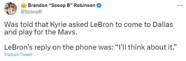 Tweet de Brandon Robinson en relación a la posible llegada de LeBron James a los Mavs de Dallas. Foto: Twitter/ScoopB   