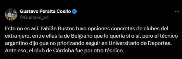  El periodista Gustavo Peralta aclaró el intento de Belgrano por fichar a Fabián Bustos. Foto: captura de X/Gustavo Peralta   