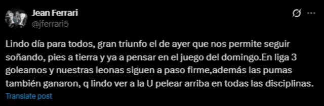 Jean Ferrari celebró el triunfo en Liga 3, fútbol femenino y el vóley. Foto: captura de X Jean Ferrari celebró el triunfo en Liga 3, fútbol femenino y el vóley. Foto: captura de X
