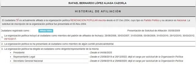  Historial partidario de Rafael López Aliaga. Figura como militante de Renovación Popular desde el 2009, aun cuando entonces se llamaba Solidaridad Nacional. Foto: ROP.  