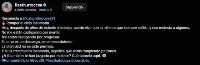 Mensaje de Lizeth Atoccsa a sus críticos por la compra del departamento. Foto: lizzeth.atoccsa / TikTok   