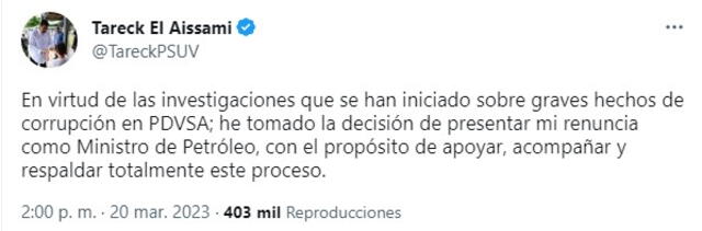  Renuncia el ministro de Petróleo en Venezuela, Tareck El Aissami. Foto: Twitter/@TareckPSUV 