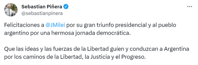 Este fue el último tuit que realizó el expresidente. Foto: Sebastián Piñera/X
