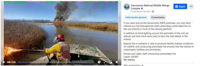  Video es de 2023 y está asociada en realidad a la ejecución de una quema controlada. Foto: captura en Facebook - Complejo de Refugio Nacional de Vida Silvestre de Sacramento.<br><br>    