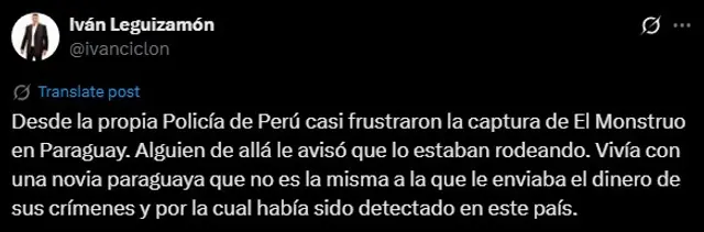 Periodista asevera que desde la PNP avisaron a 'El Monstruo' sobre operativo. Foto: X Periodista asevera que desde la PNP avisaron a 'El Monstruo' sobre operativo. Foto: X