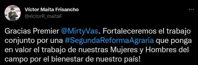 Víctor Maita agradeció a Mirtha Vásquez por saludar al Ministerio del Agricultura por su aniversario. Foto: Captura de Twitter.