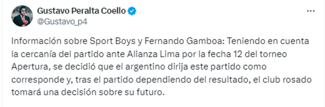  Situación de Fernando Gamboa en Sport Boys. Foto: Twitter.   