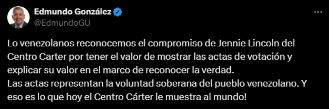 Edmundo González saluda la iniciativa del Centro Carter al evidenciar el fraude. Foto: Edmundo González/ X